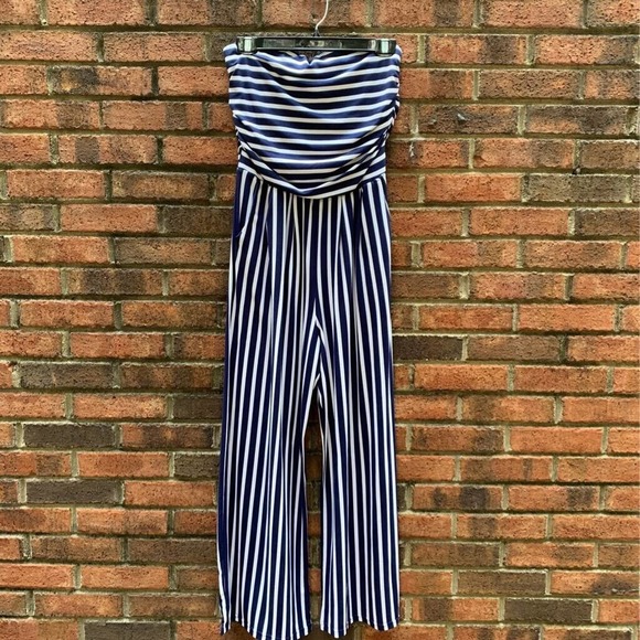 Poof New York Pants - Poof New York Womens Jumpsuit Blue White Stripe Stretch Strapless Pockets L